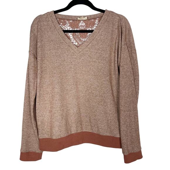 Hem & Thread M Orange Rust Heather Lace Inset Back VNeck Pullover Sweatshirt - Picture 1 of 10